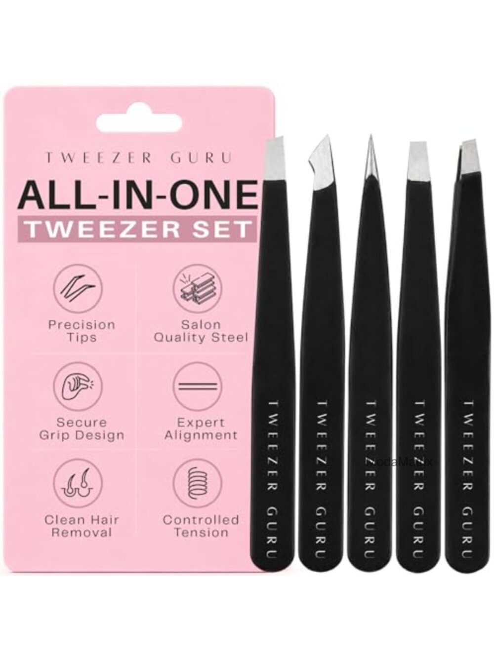 5-Piece Stainless Steel Tweezer Set Slant & Pointed Precision Eyebrow